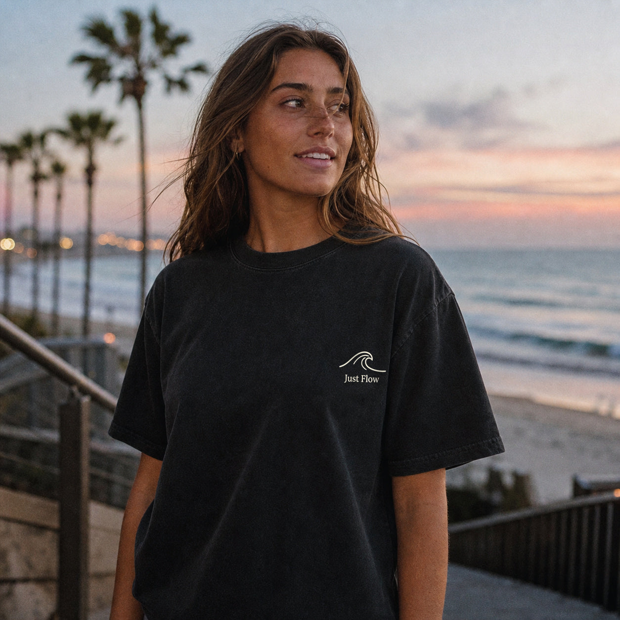 Palm Frequency tee, front wave on beach stairs