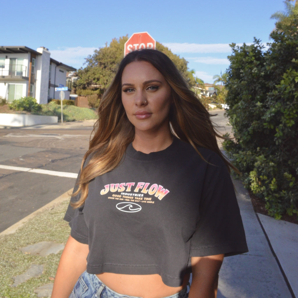 Good Things Take Time Cropped Tee in charcoal, worn on a San Diego street corner