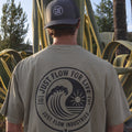Circular Wave Crest Heavyweight Tee in sage, back print worn in a San Diego agave garden
