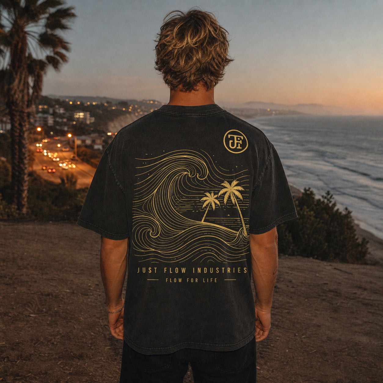 Ride the Current tee, worn back print at a PCH overlook