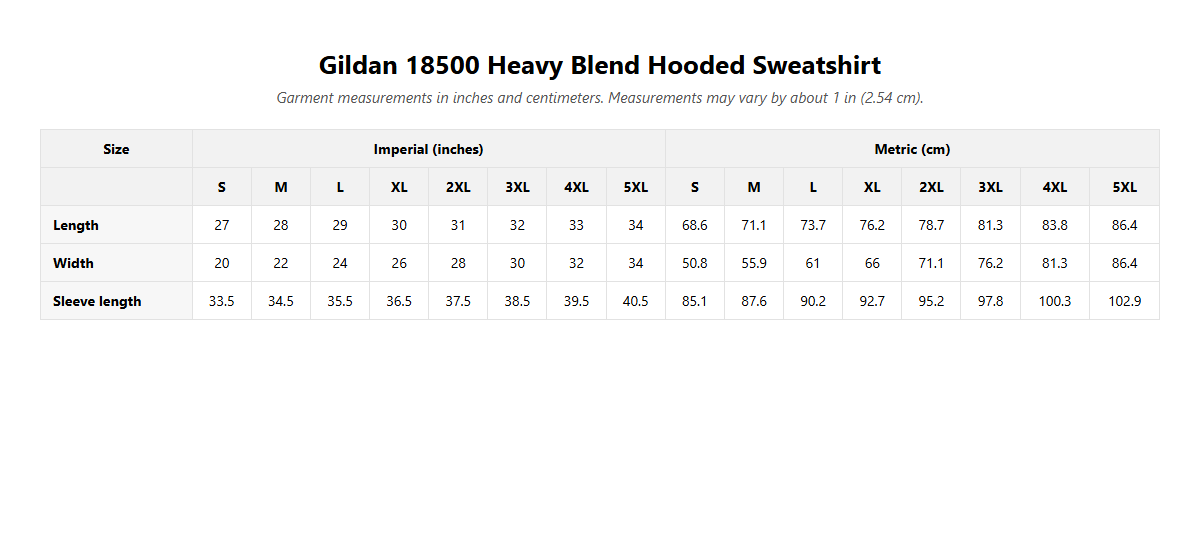 Hibiscus Script Hoodie size guide, garment measurements in inches