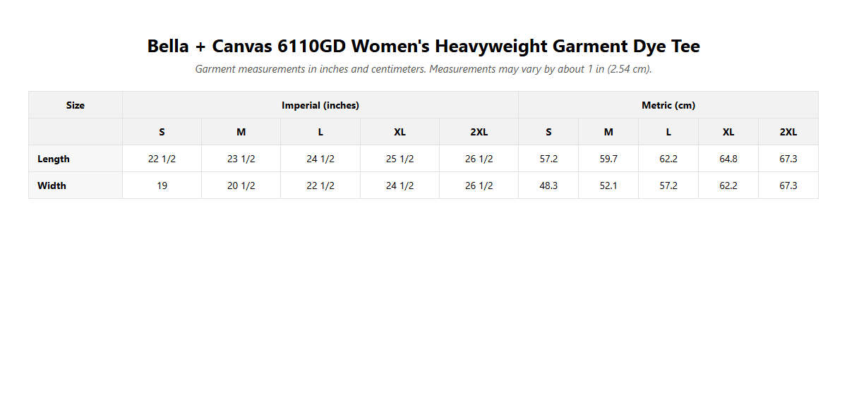 Collegiate San Diego Tee - Women's size guide, garment measurements in inches