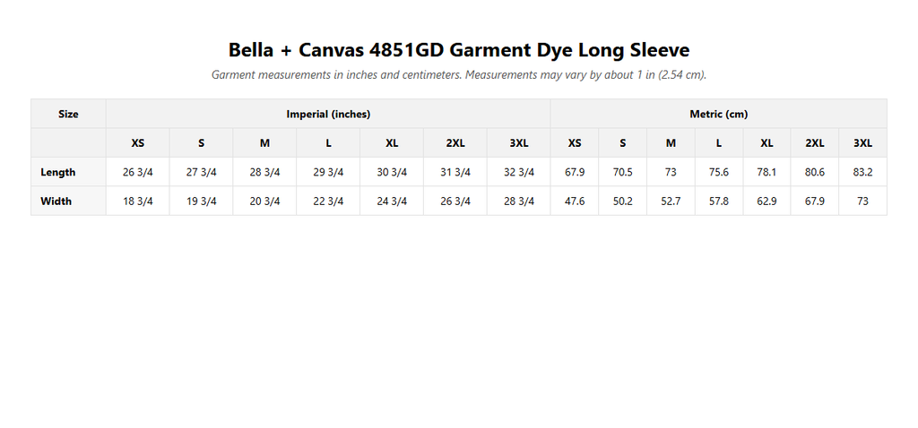 Coastal Long Sleeve Tee size guide, garment measurements in inches