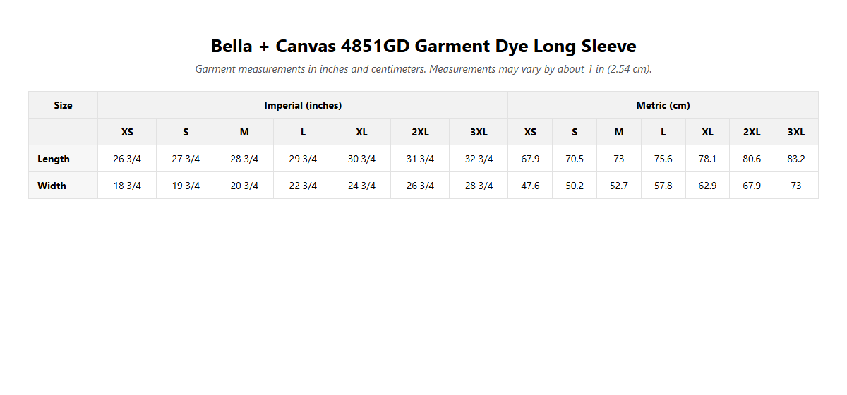 Coastal Long Sleeve Tee size guide, garment measurements in inches