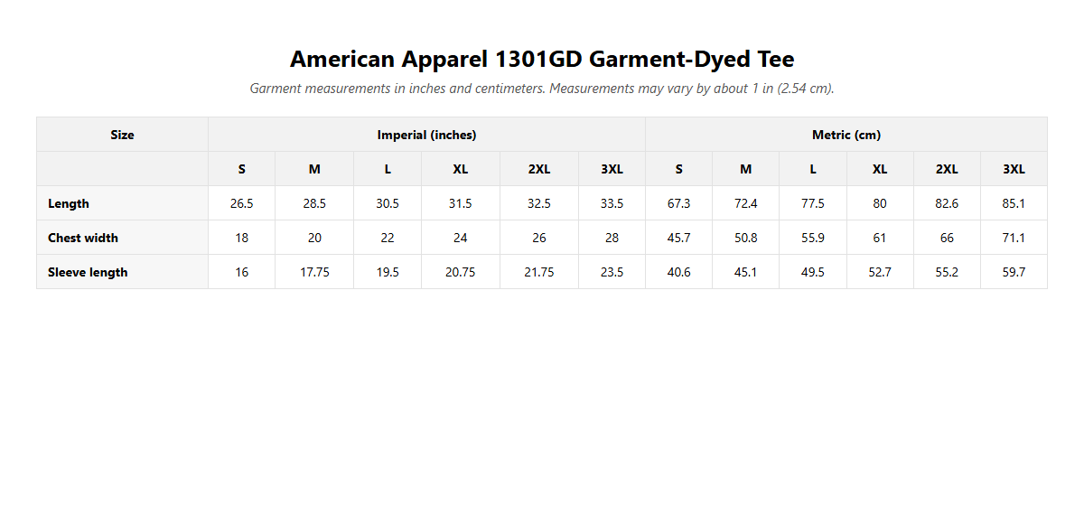 Heritage Tribal Heavyweight Tee size guide, garment measurements in inches
