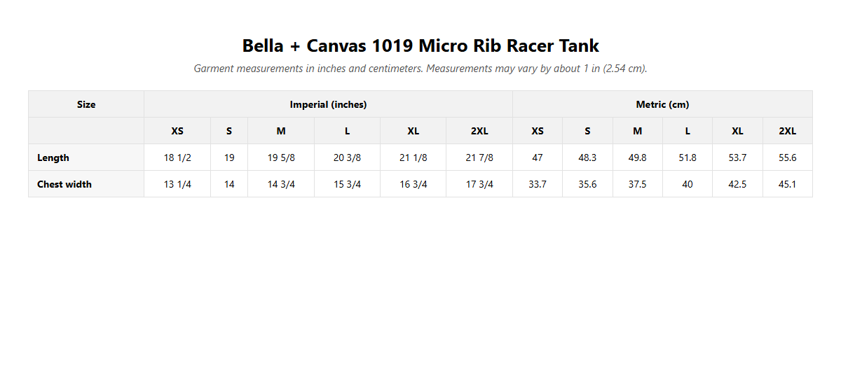 Script Racer Tank - Women's size guide, garment measurements in inches