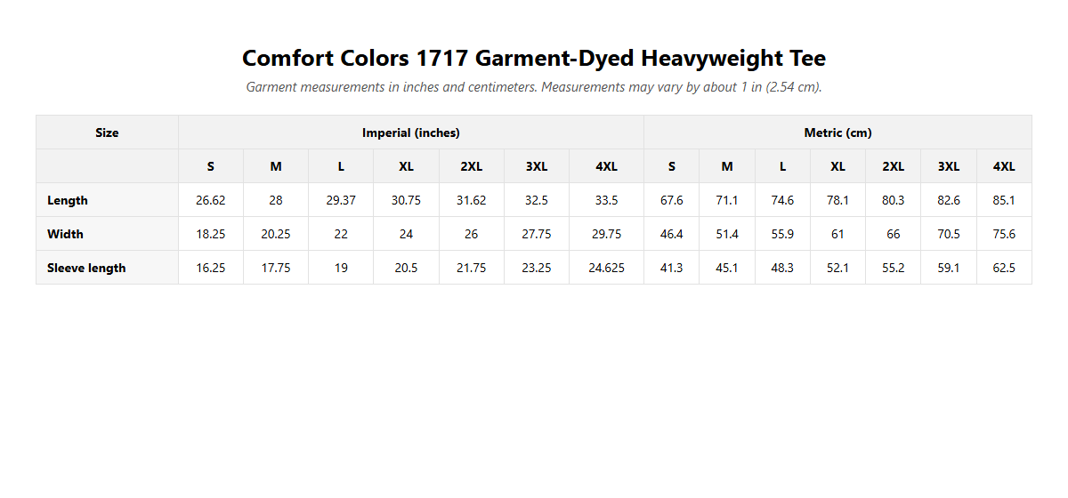 Palm Smoke Heavyweight Tee size guide, garment measurements in inches