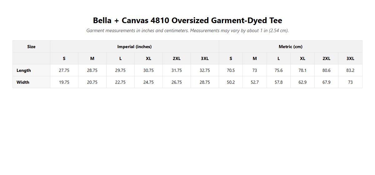 San Diego 98 Oversized Tee size guide, garment measurements in inches
