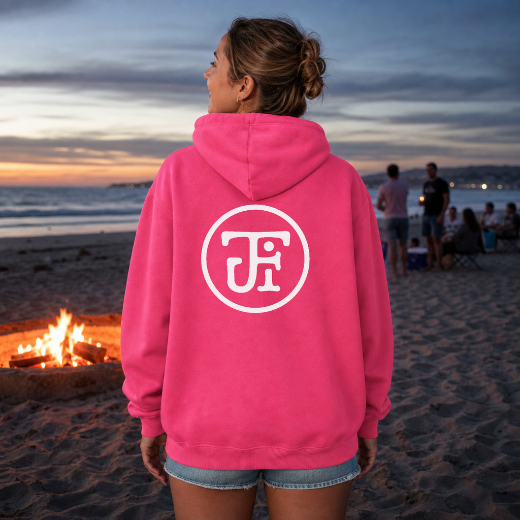 JFI Monogram DTF Hoodie in Heliconia, lifestyle