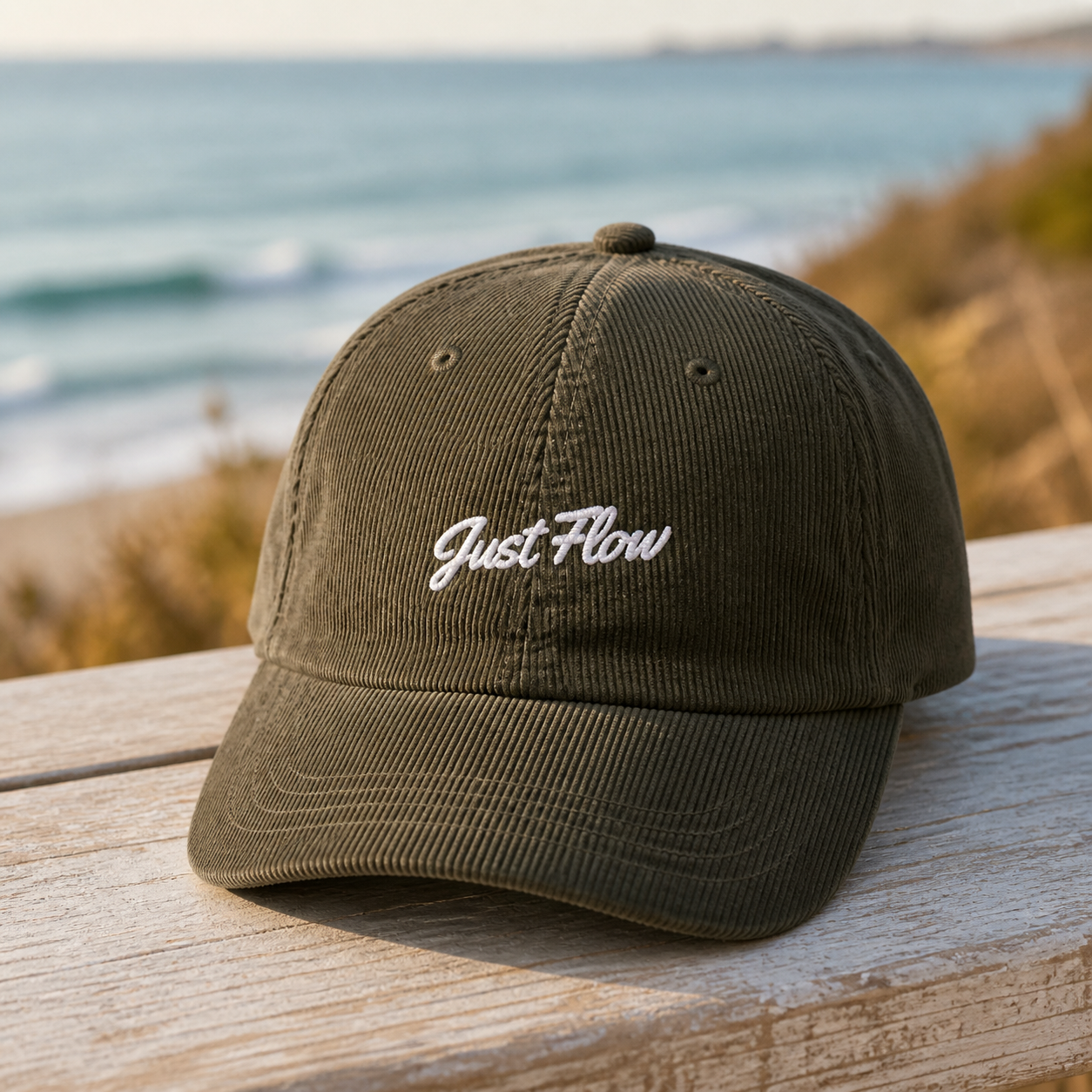 Olive Just Flow script embroidered corduroy cap on a sunlit Southern California coastal boardwalk