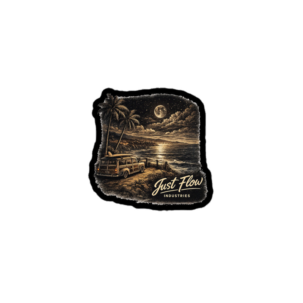 After Dark Woodie sticker on a black contour, product proof