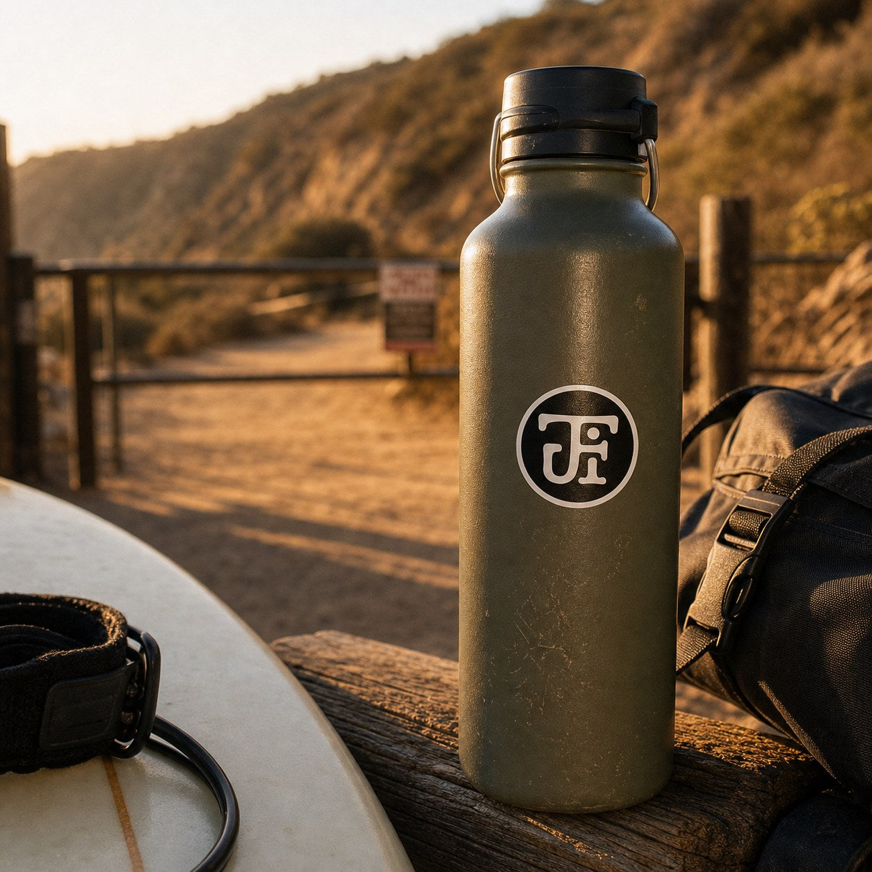 JF monogram kiss-cut sticker on a water bottle at a trailhead gate