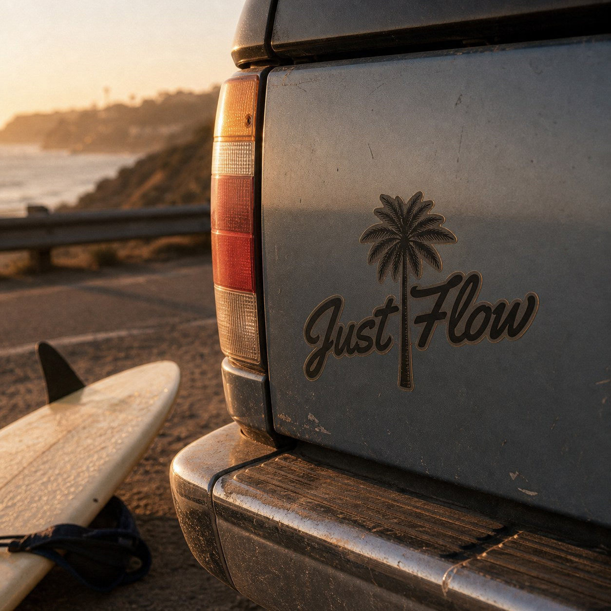 Just Flow palm script sticker on a tailgate by the coast highway