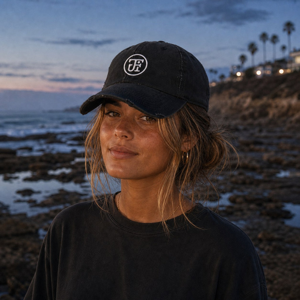 JF monogram dad hat at the tidepools, dusk