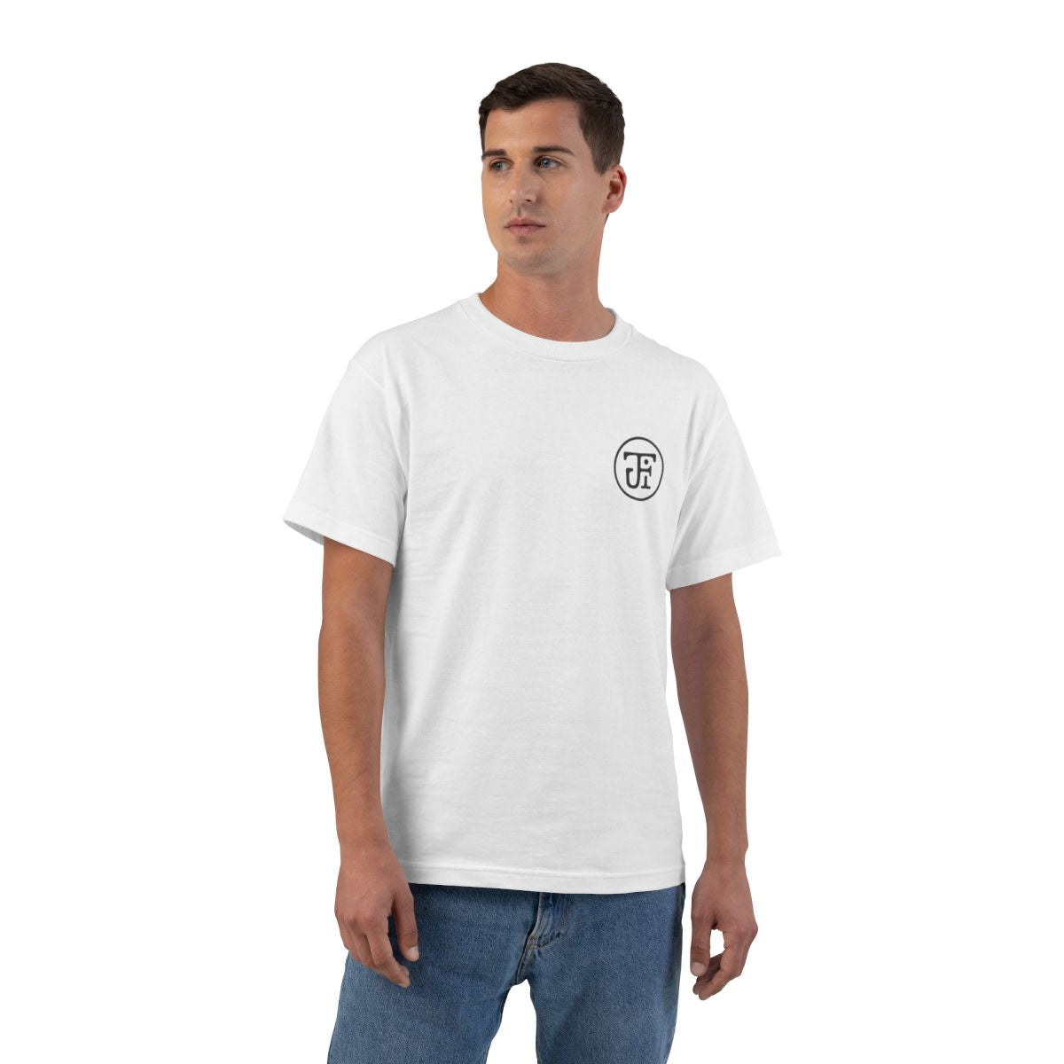 Monogram Heavyweight Tee White — left chest on model