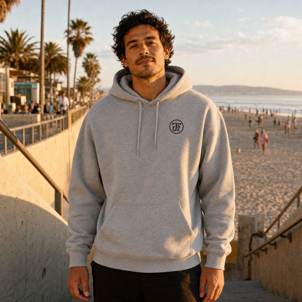 Just Flow Monogram Embroidered Hoodie in Sport Grey, California lifestyle