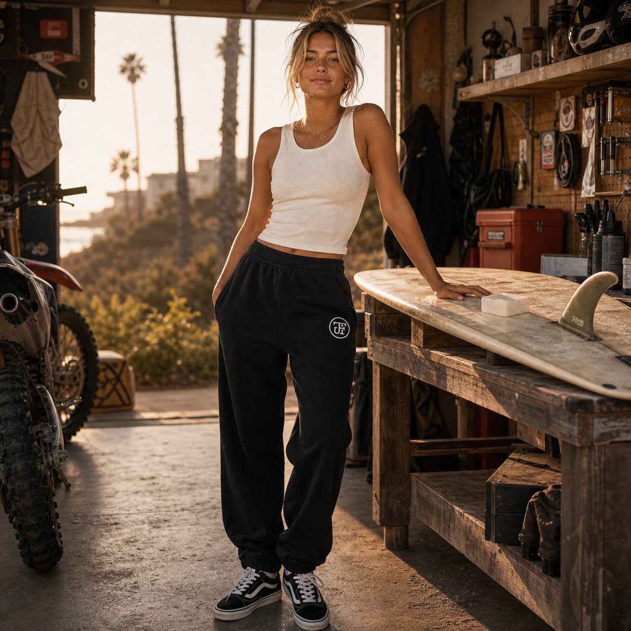 Black monogram sweatpants in a surf garage, golden hour