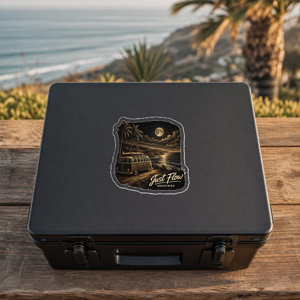 Moonlight Bus sticker centered on a black case lid