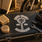 Palm Emblem sticker on a toolbox at the dirt-bike staging area
