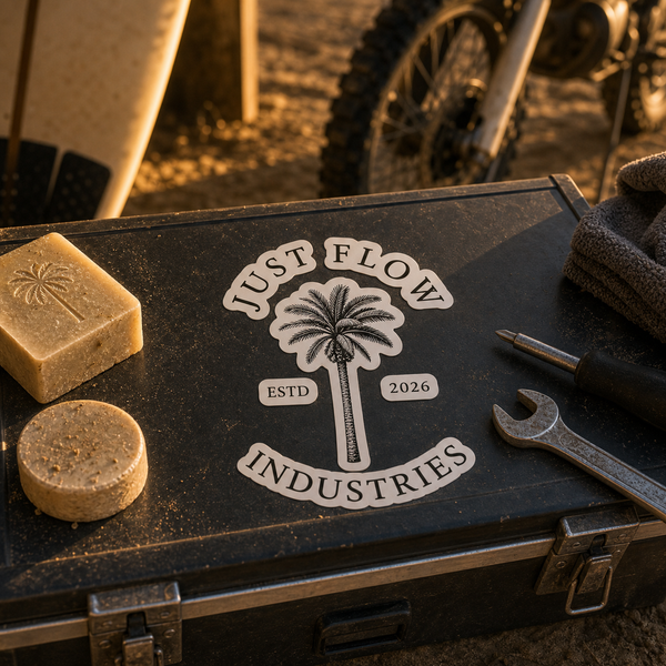 Palm Emblem sticker on a toolbox at the dirt-bike staging area