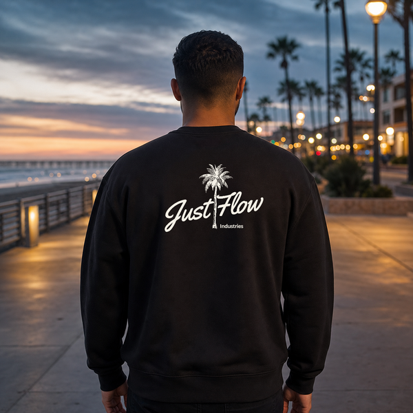 Palm Script crew sweatshirt in black, back print lifestyle hero