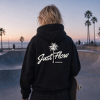Palm Script hoodie in black, back print, skatepark at dusk