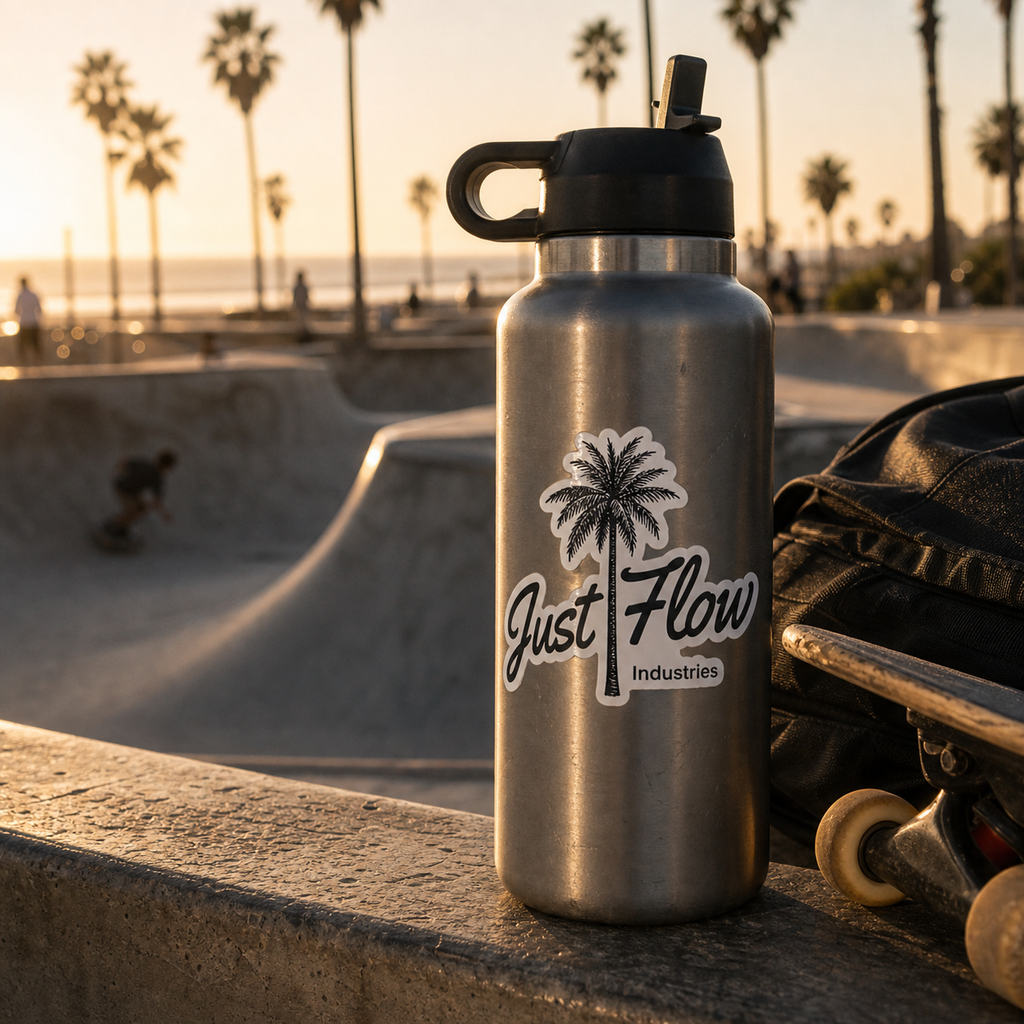 Palm Script sticker on a water bottle at the skatepark
