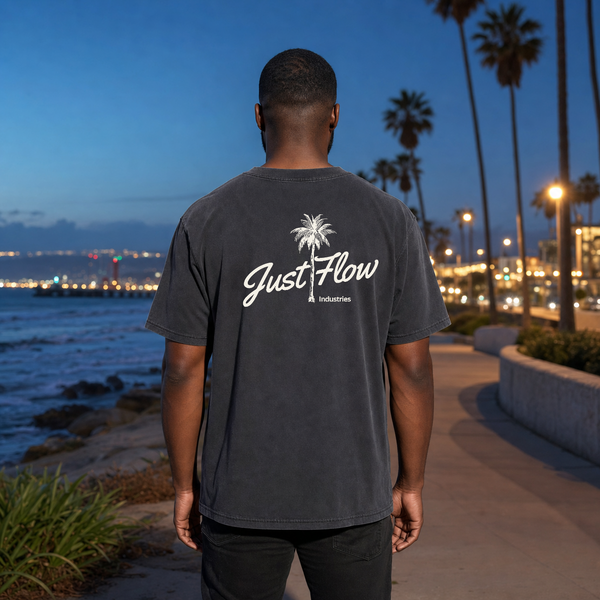 Palm Script washed tee in graphite, back print lifestyle hero
