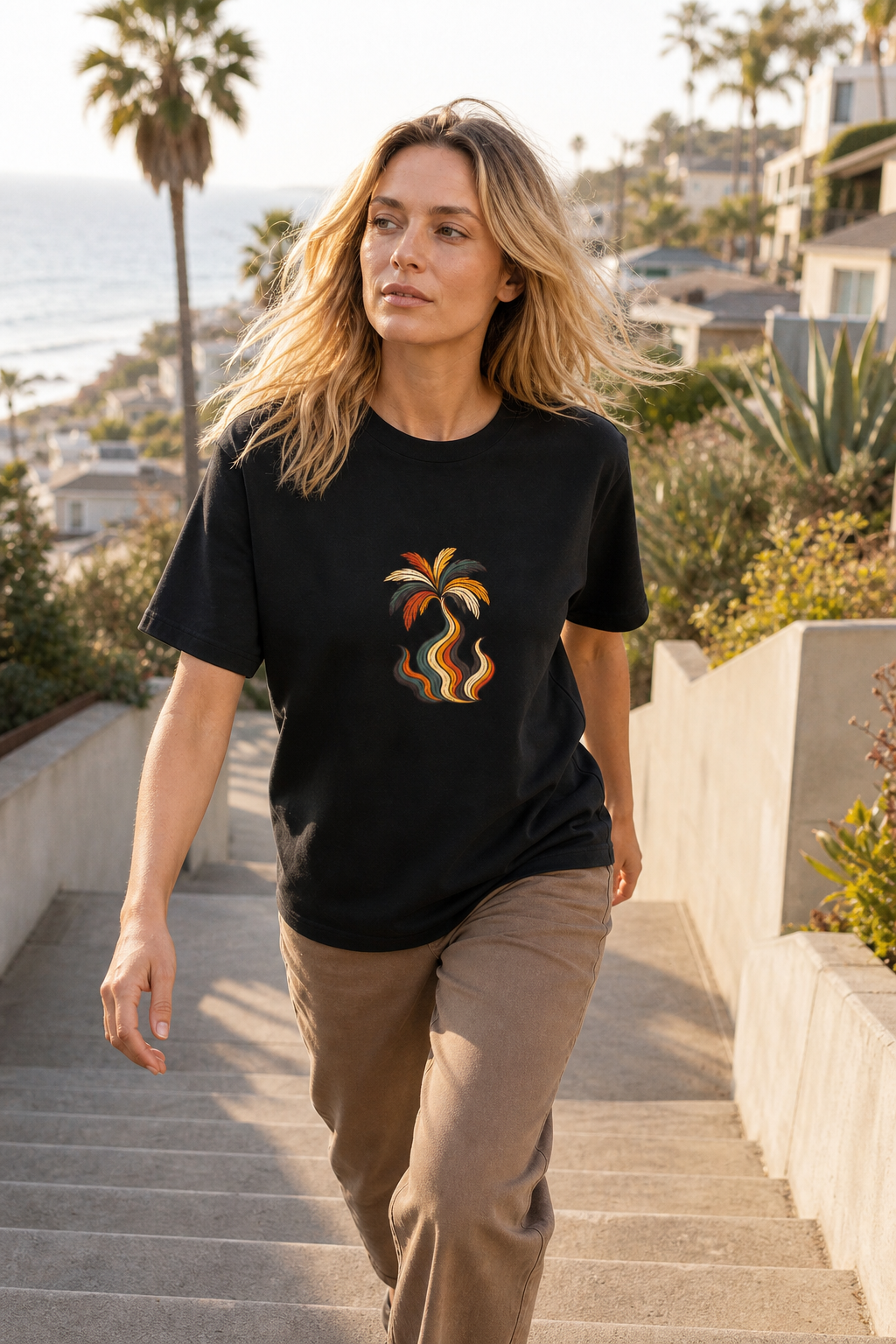 Woman wearing the Palm Smoke Heavyweight Tee while walking up coastal stairs