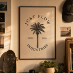 Palm emblem satin poster framed on a SoCal room wall