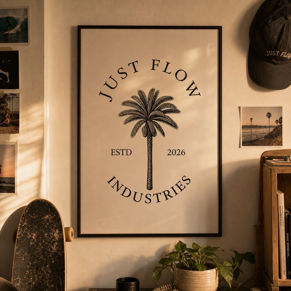 Palm emblem satin poster framed on a SoCal room wall
