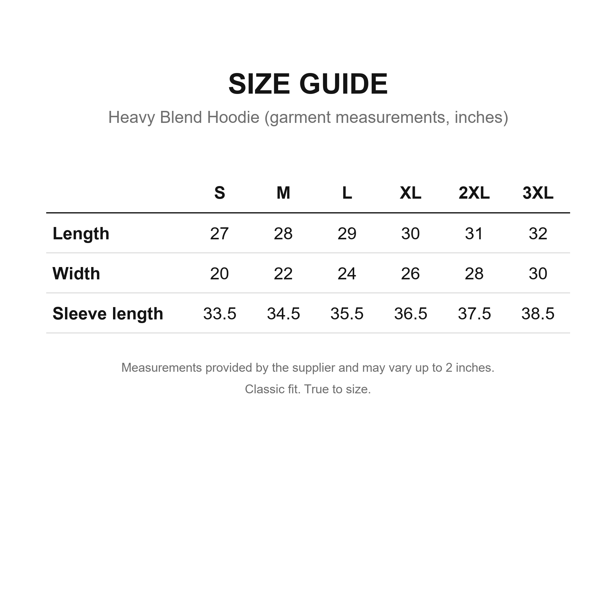 Palm Frond Hoodie size guide, garment measurements in inches
