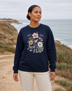 Navy Slow Days floral crew sweatshirt on a coastal bluff, Southern California