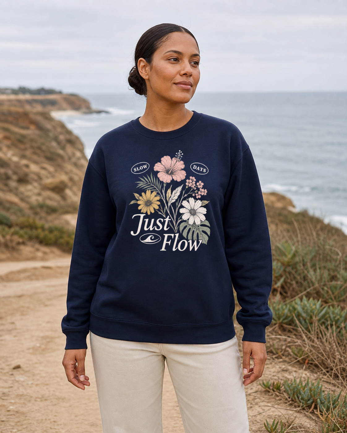 Navy Slow Days floral crew sweatshirt on a coastal bluff, Southern California