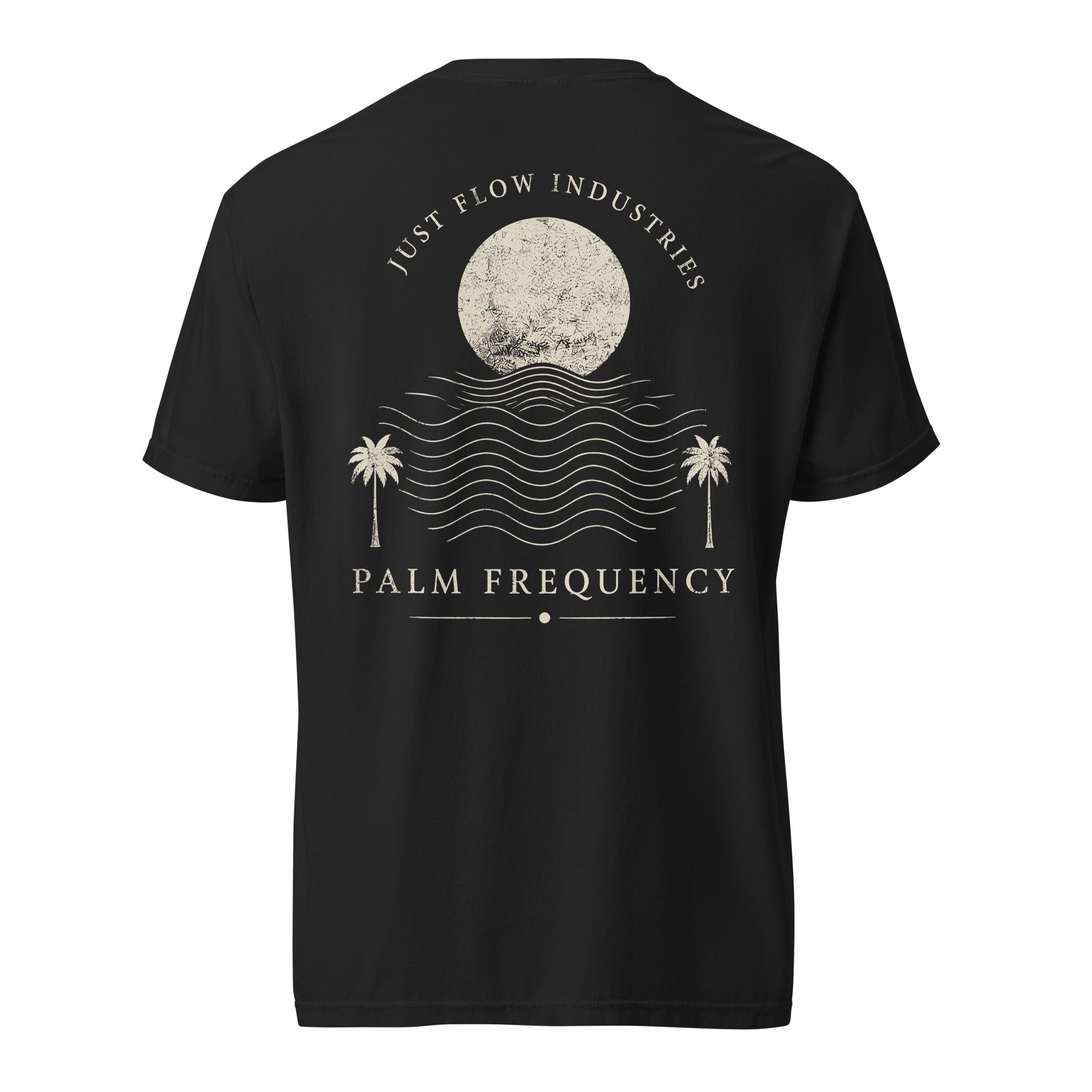 Palm Frequency Heavyweight Tee — washed Black, back, Palm Frequency moon and palms print