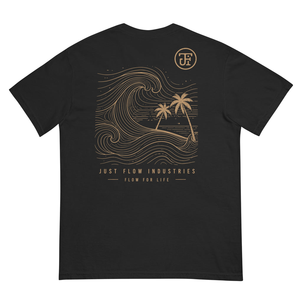 Ride the Current Heavyweight Tee — washed Black, back, gold wave print