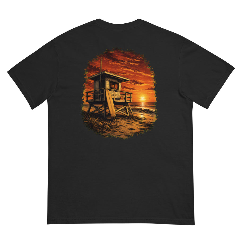 Golden Hour Lifeguard Tower heavyweight tee in Black, back graphic