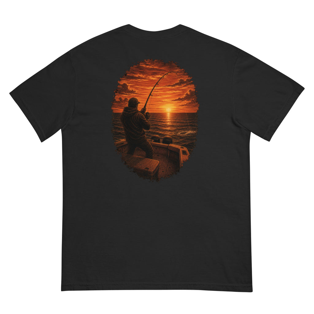 Golden Hour Offshore Fishing heavyweight tee in Black, back graphic