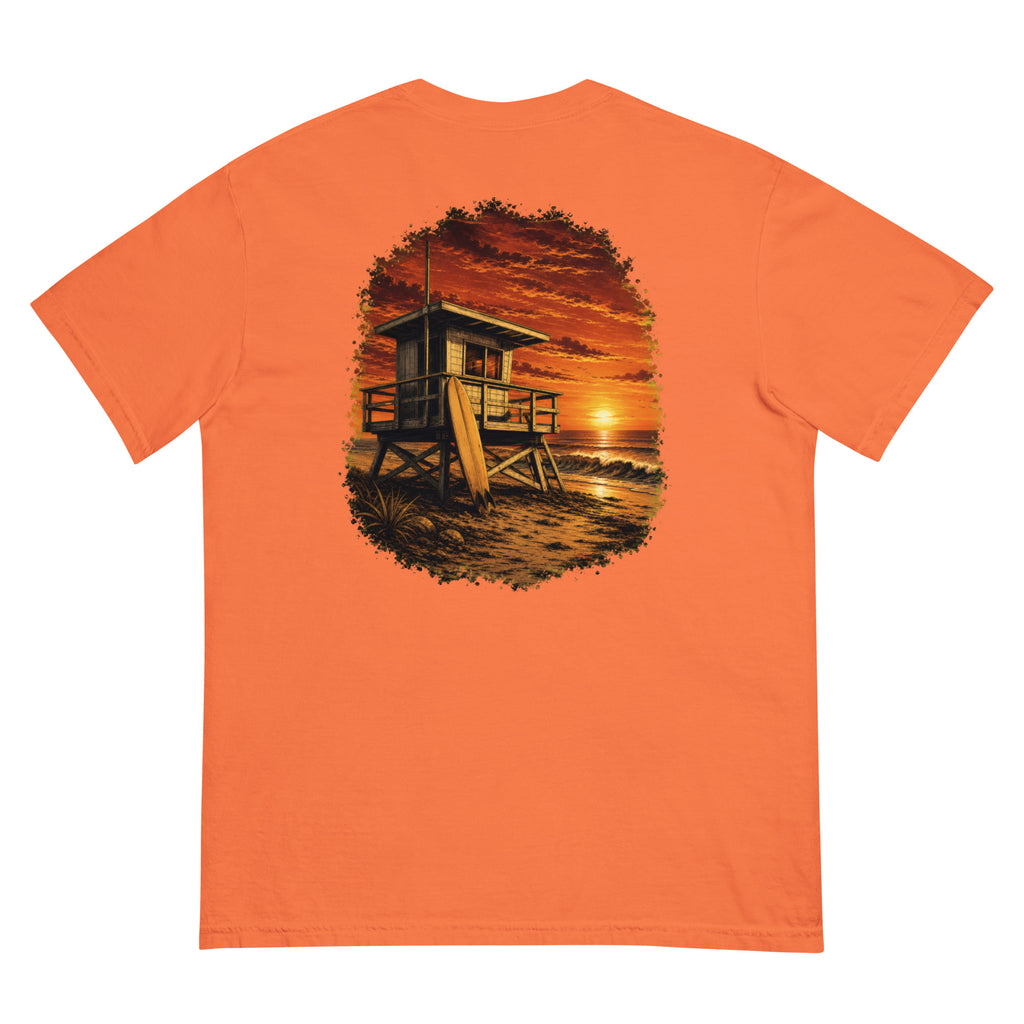 Golden Hour Lifeguard Tower heavyweight tee in Burnt Orange, back graphic