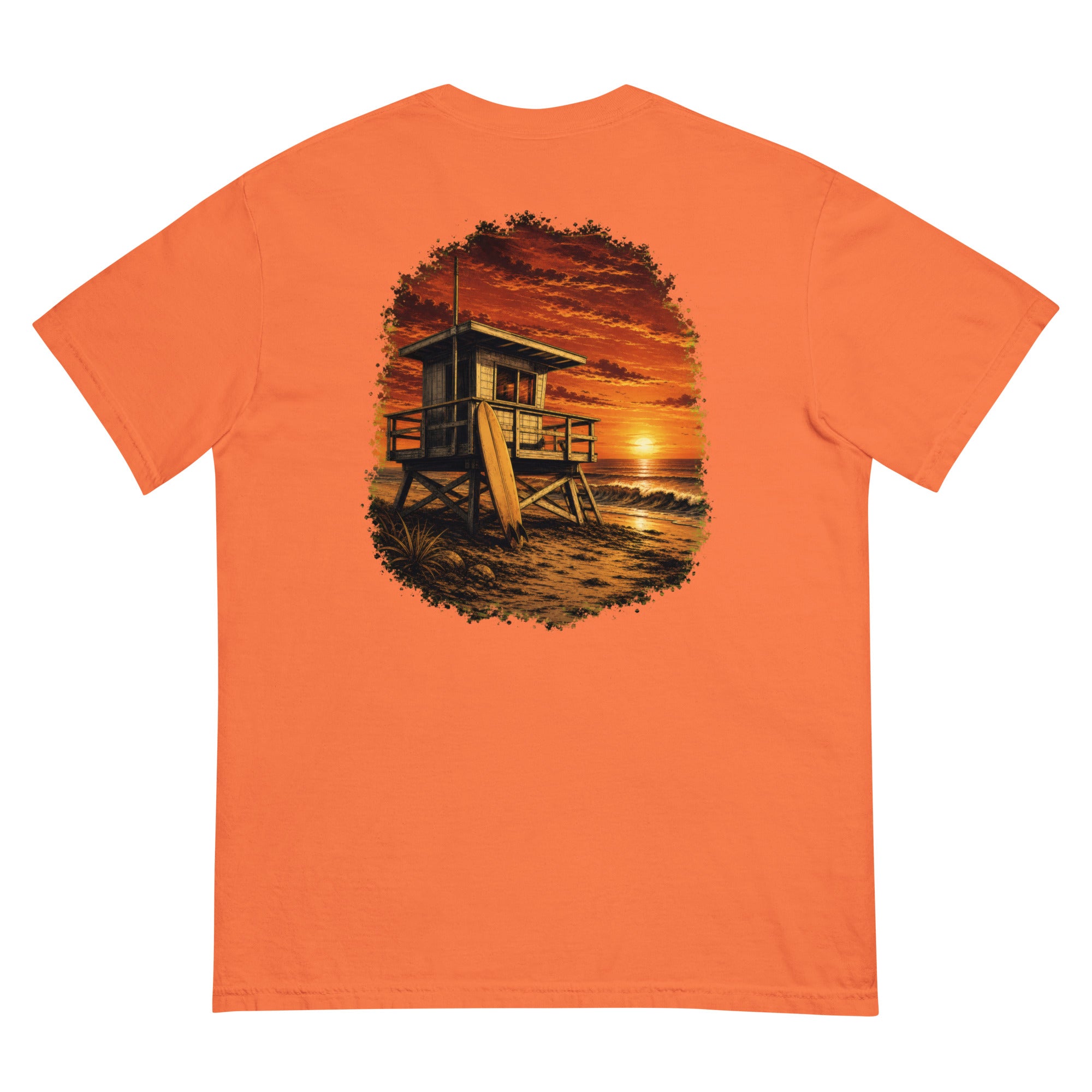 Golden Hour Lifeguard Tower heavyweight tee in Burnt Orange, back graphic