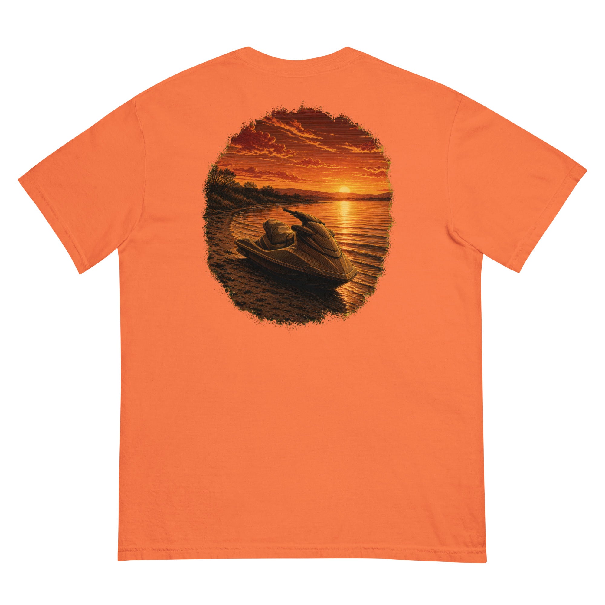 Golden Hour Jet Ski heavyweight tee in Burnt Orange, back graphic