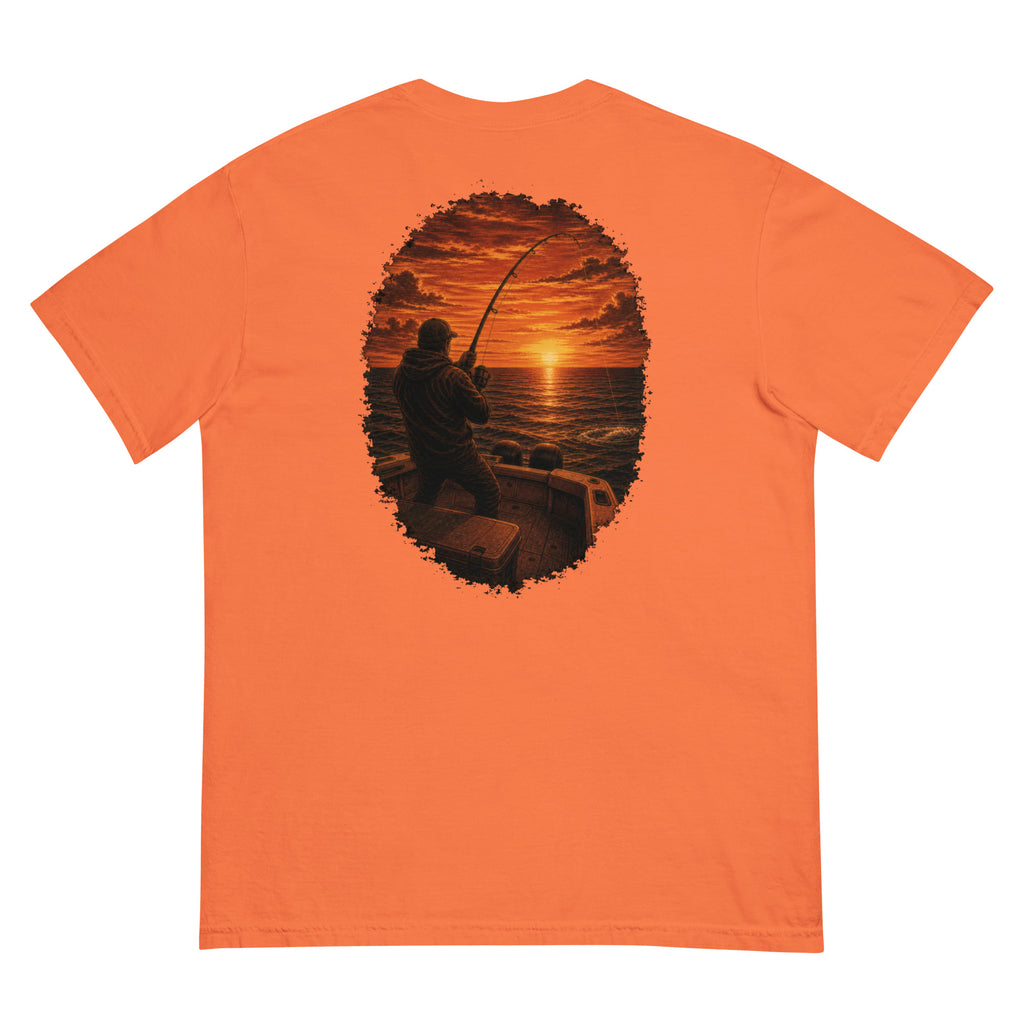 Golden Hour Offshore Fishing heavyweight tee in Burnt Orange, back graphic