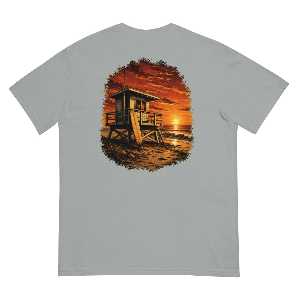 Golden Hour Lifeguard Tower heavyweight tee in Granite, back graphic