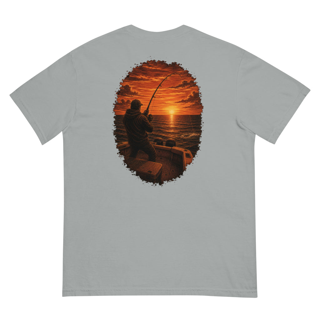 Golden Hour Offshore Fishing heavyweight tee in Granite, back graphic