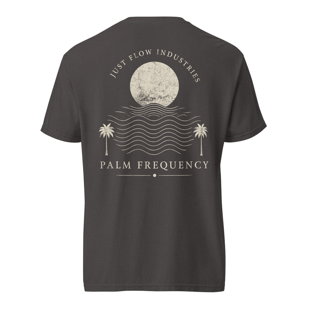 Palm Frequency Heavyweight Tee — washed Graphite, back, Palm Frequency moon and palms print