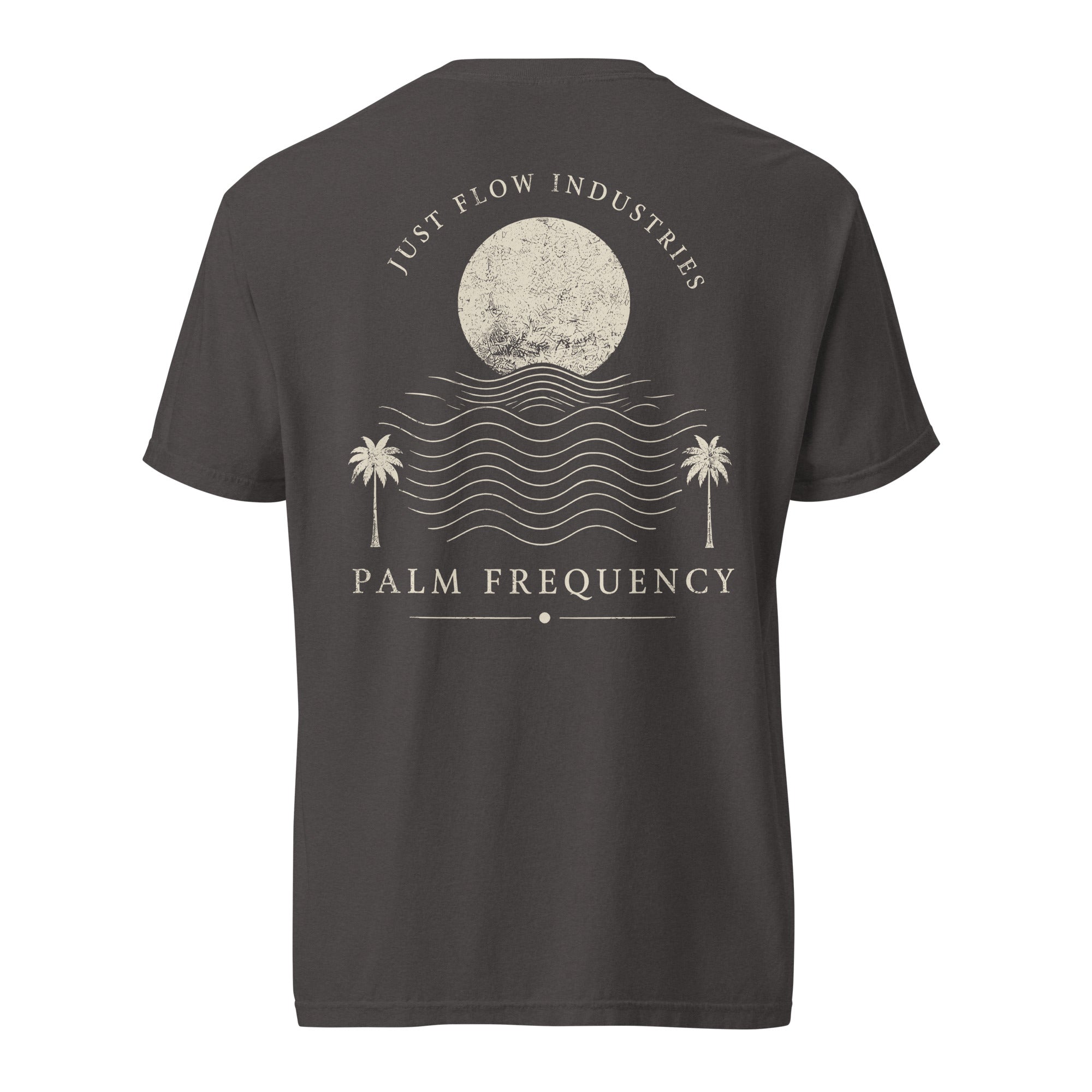 Palm Frequency Heavyweight Tee — washed Graphite, back, Palm Frequency moon and palms print