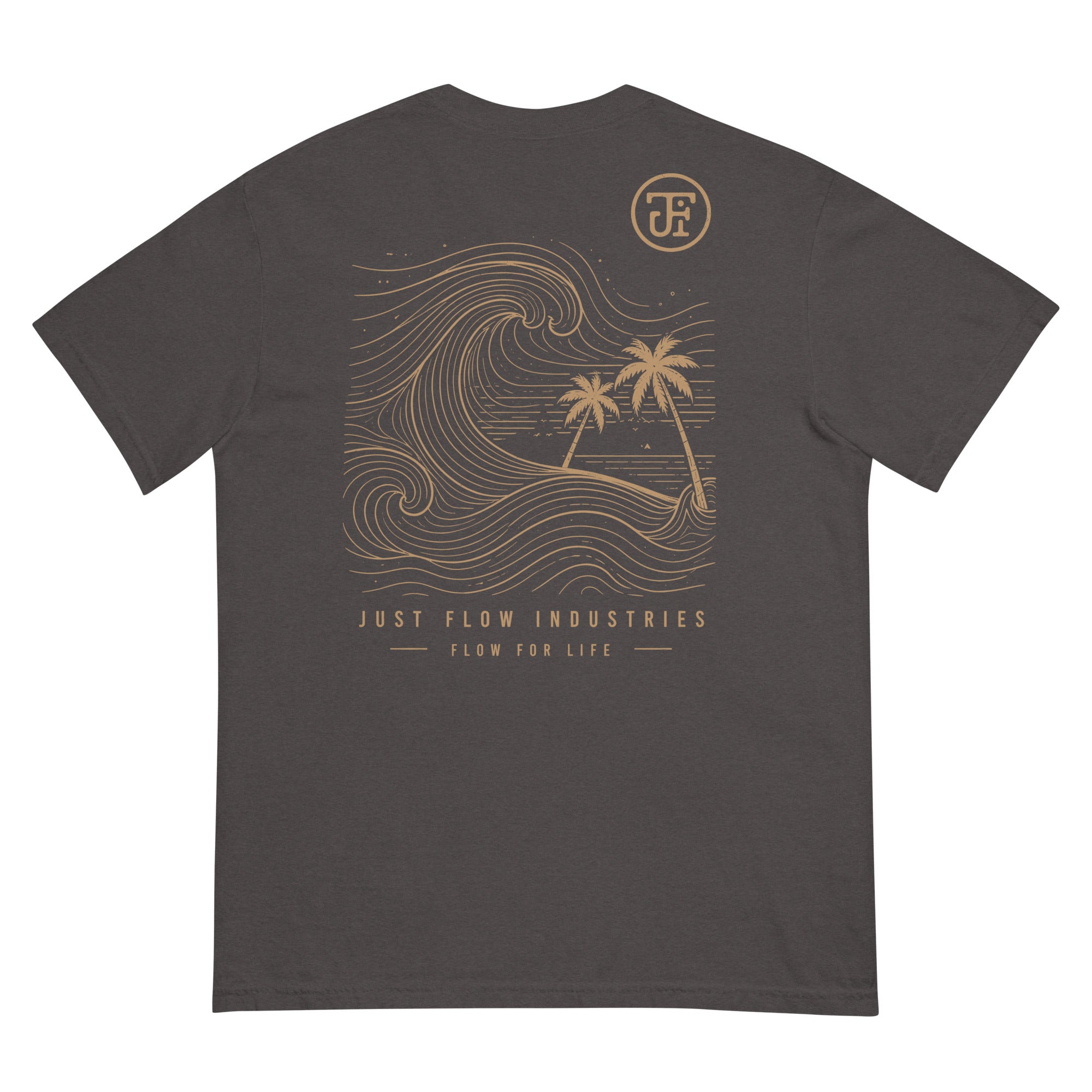 Ride the Current Heavyweight Tee — washed Graphite, back, gold wave print