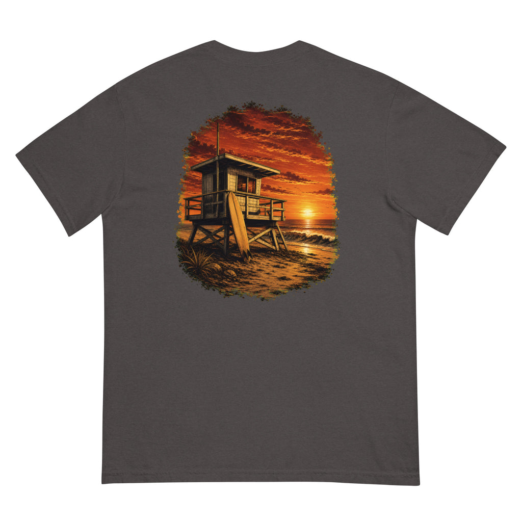 Golden Hour Lifeguard Tower heavyweight tee in Graphite, back graphic