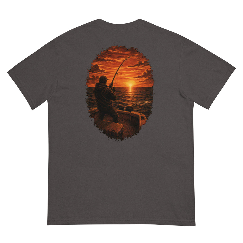 Golden Hour Offshore Fishing heavyweight tee in Graphite, back graphic