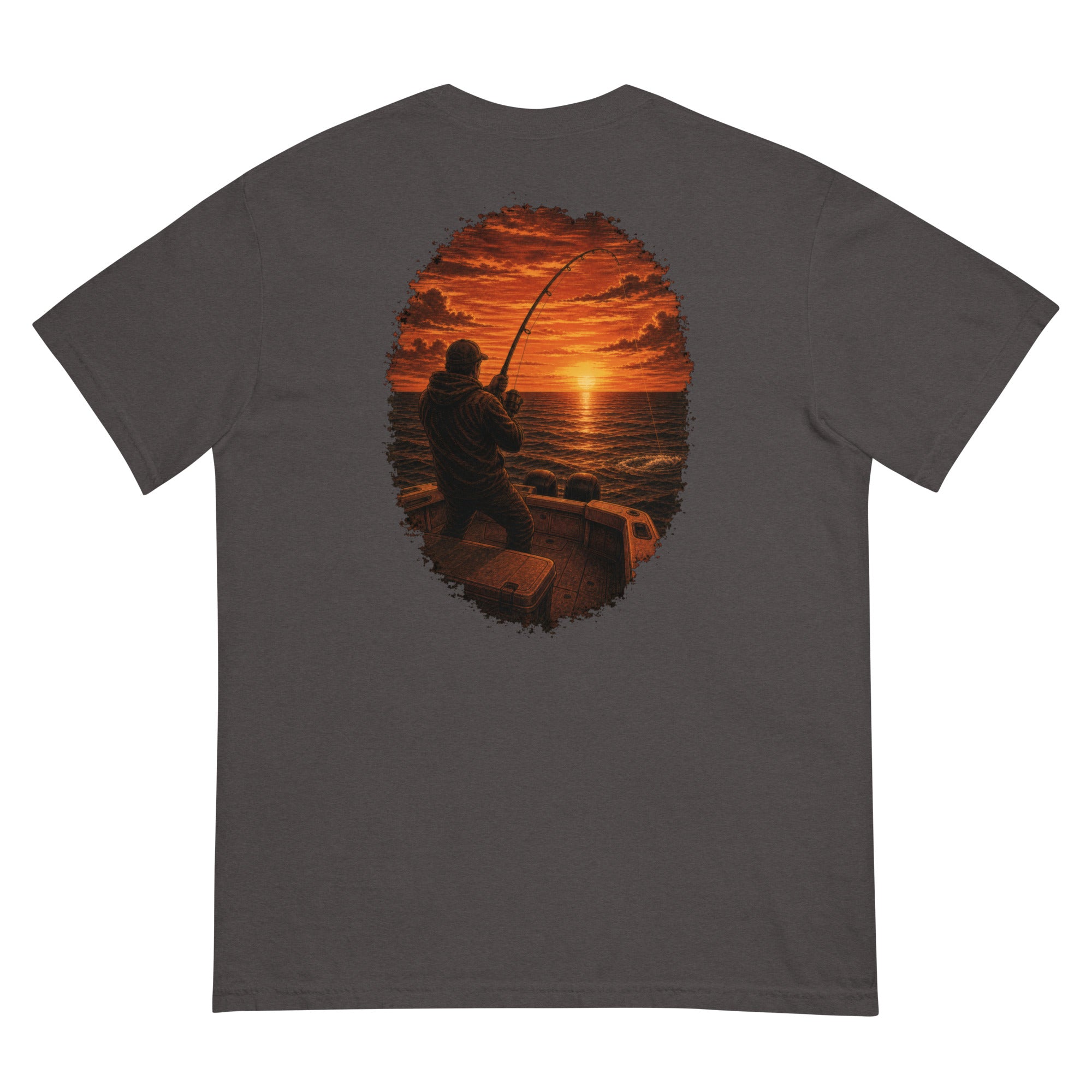 Golden Hour Offshore Fishing heavyweight tee in Graphite, back graphic